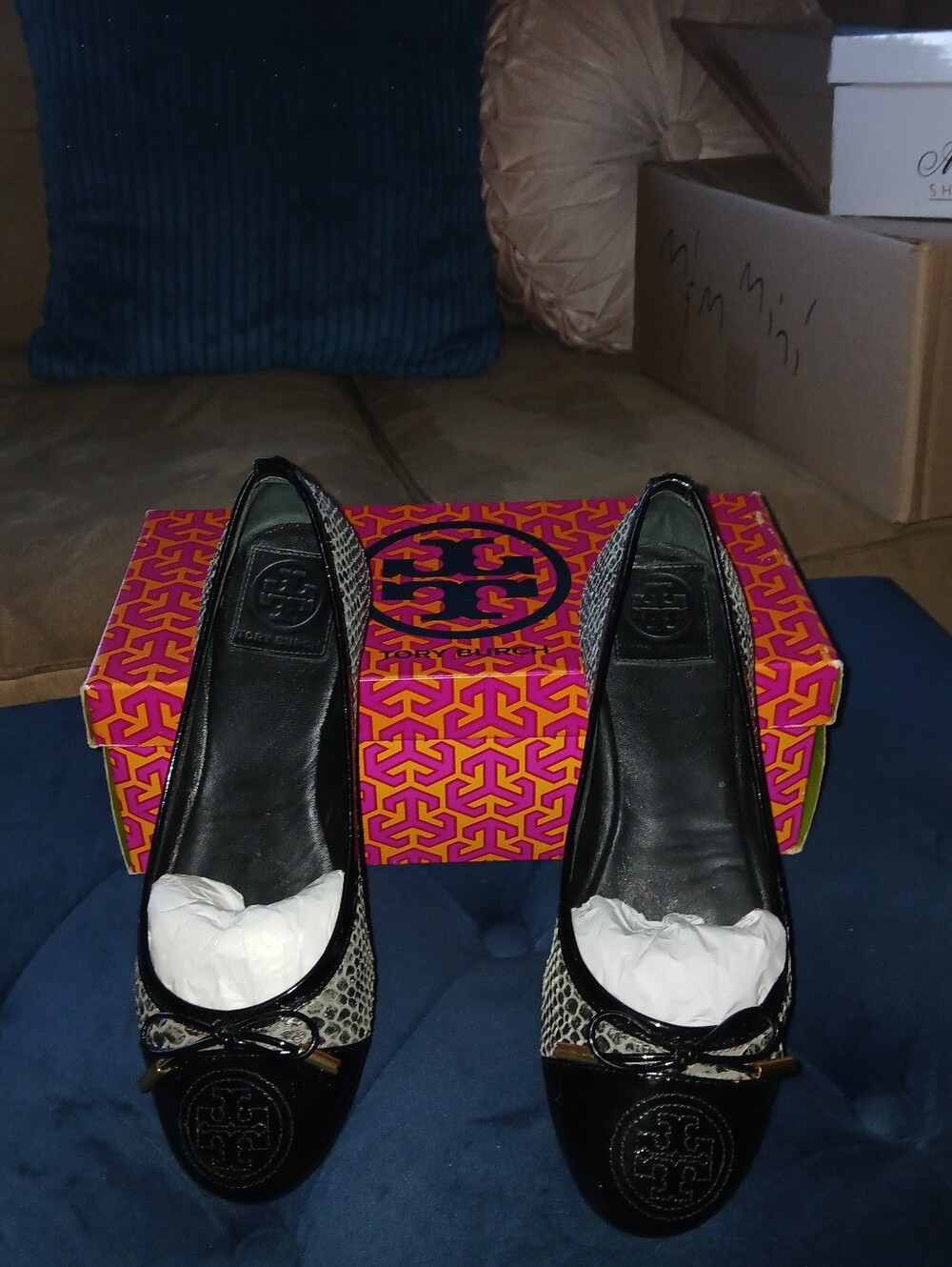 Tory Burch Snake-Print Black Trim Ballet Flats